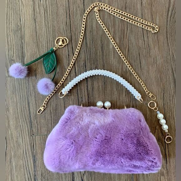 Handmade Real Rex Rabbit Fur Kisslock Wristlet/Crossbody & Mink Fur Bag Charm - Picture 7 of 16